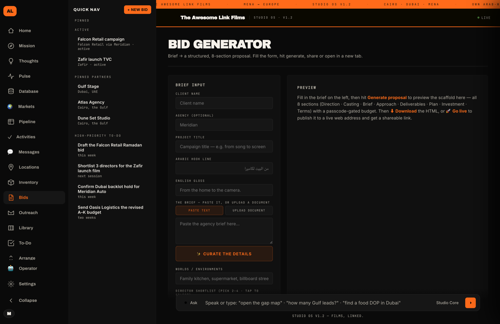 Awesome Link OS Bid Generator — brief input on the left, house-style proposal preview on the right