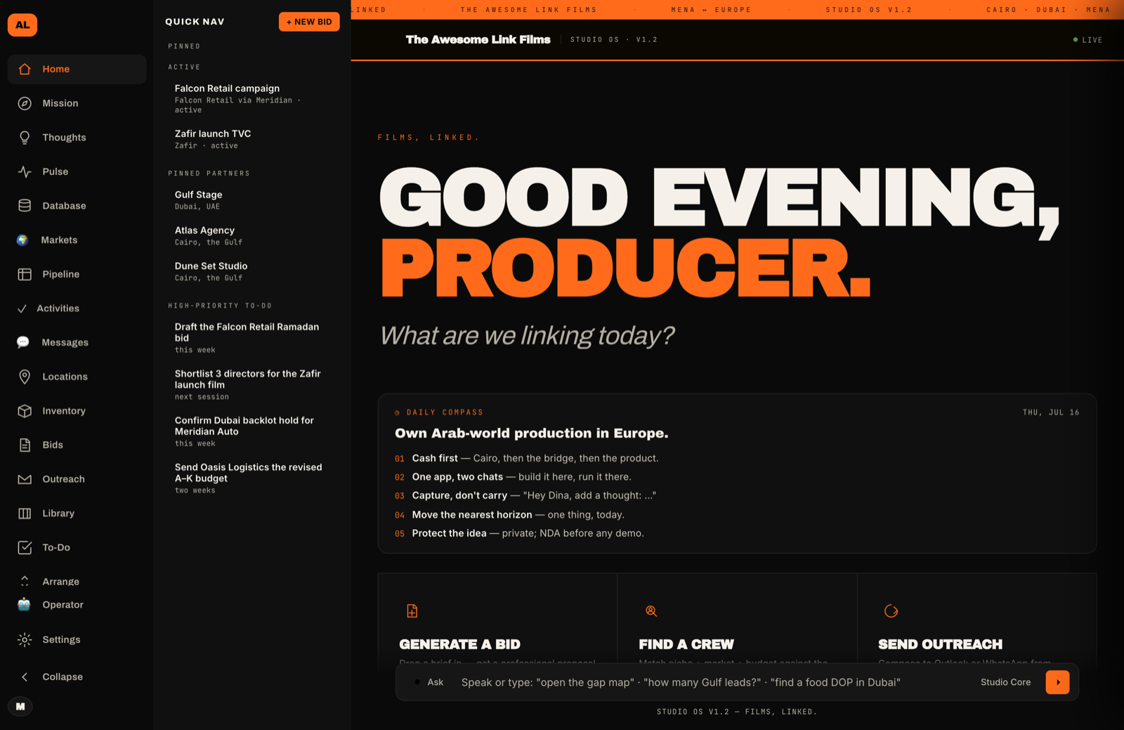Awesome Link OS — the home dashboard: Quick Nav, Daily Compass and the Studio Core ask bar