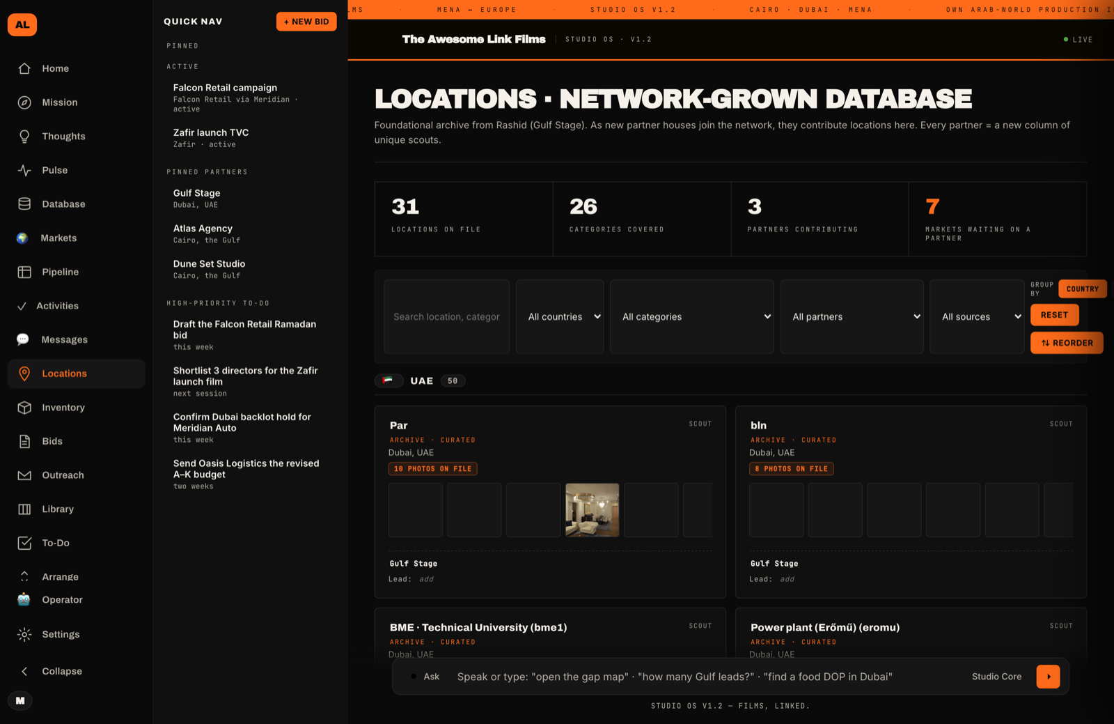 Awesome Link OS Locations view — 31 locations on file, 26 categories, filters, and venue cards with scout-photo strips