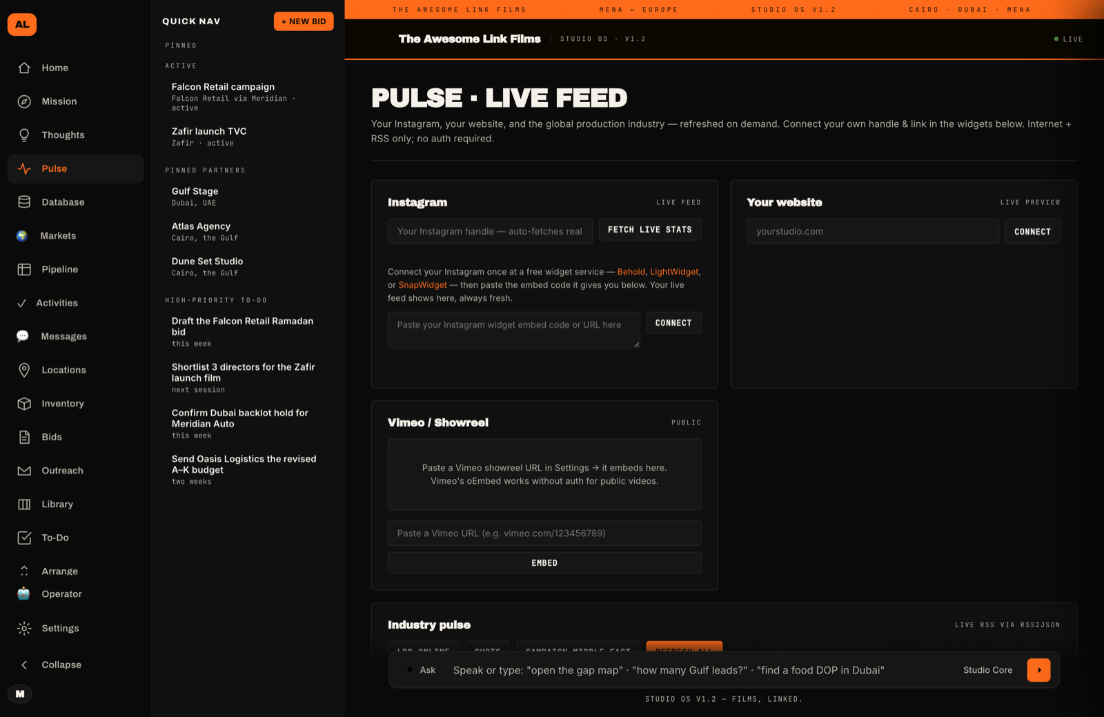 Awesome Link OS Pulse view — Instagram, website and industry feeds in one live dashboard
