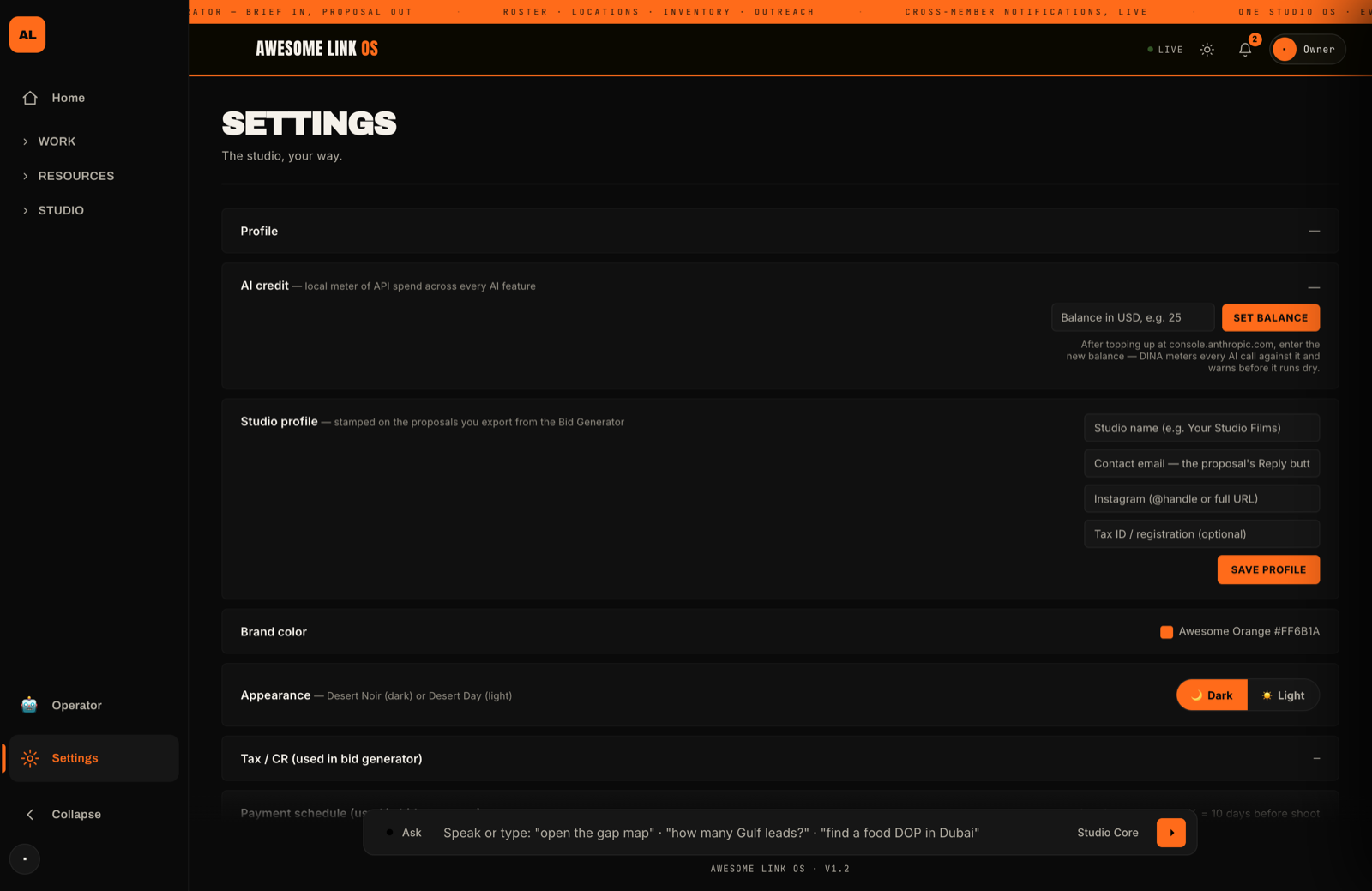 Awesome Link OS Settings — the AI-credit spend meter, studio profile stamped on proposals, and brand colour