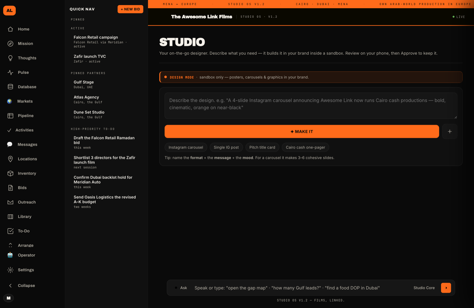 Awesome Link OS Studio view with the always-present Studio Core ask bar along the bottom